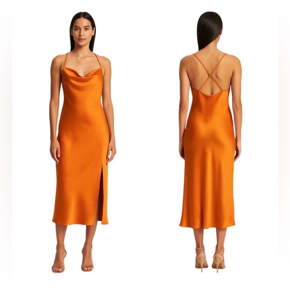Banana Republic P XS Orange Satin Slip Midi Dress Cowl Neck Criss Cross Back NWT